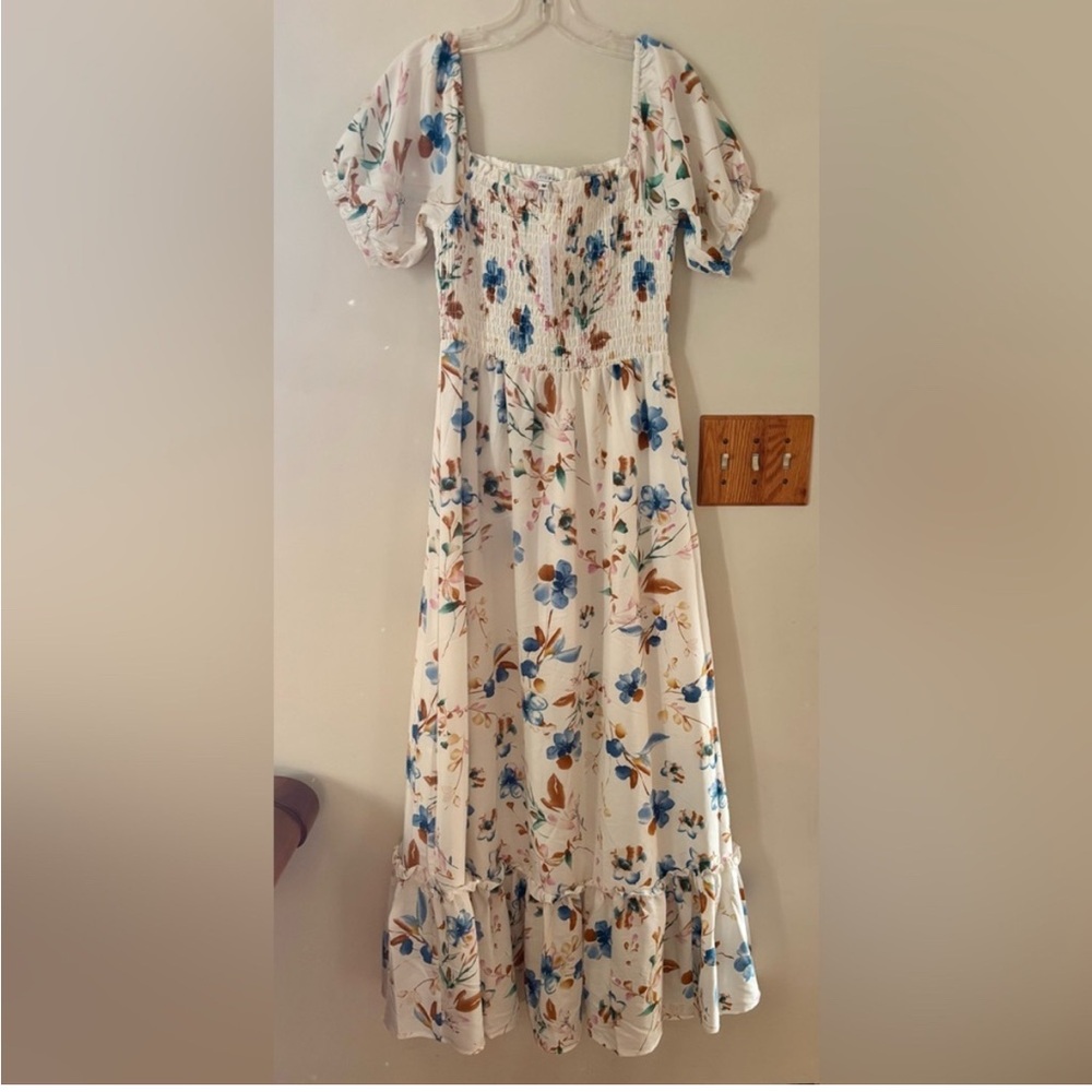 Baltic Born Blue and Brown Pleated Puff Sleeve Maxi Dress